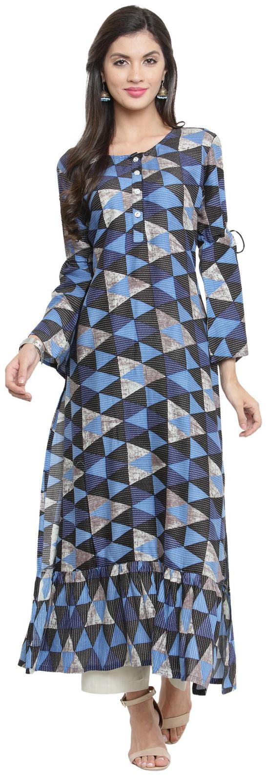 

Indibelle Navy Blue Rayon Straight Bottom Frill Kurta With Ankle Length Trouser