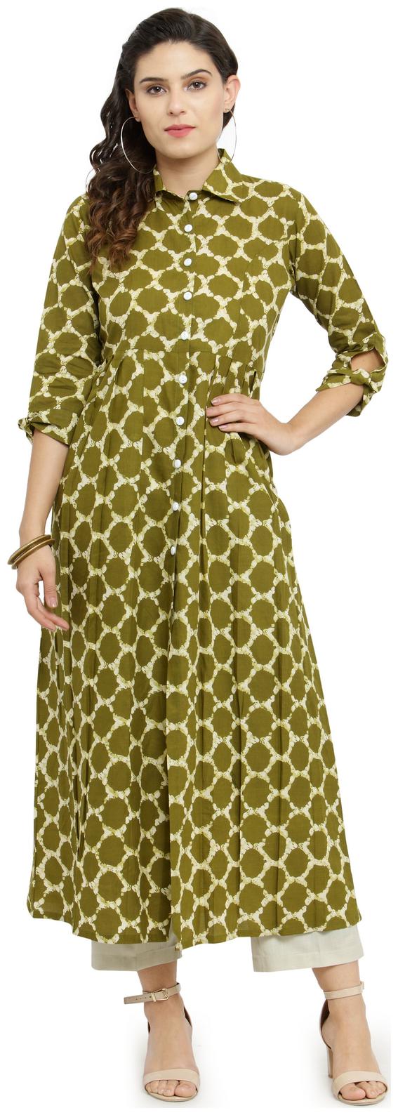 

Indibelle Olive Cotton Full Length Shirt Style Kurta With Ankle Length Trouser