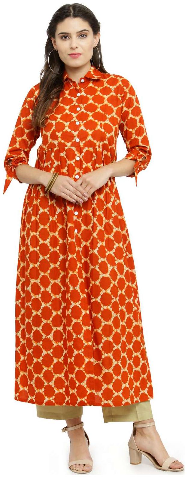 

Indibelle Orange Cotton Full Length Shirt Style Kurta With Ankle Length Trouser