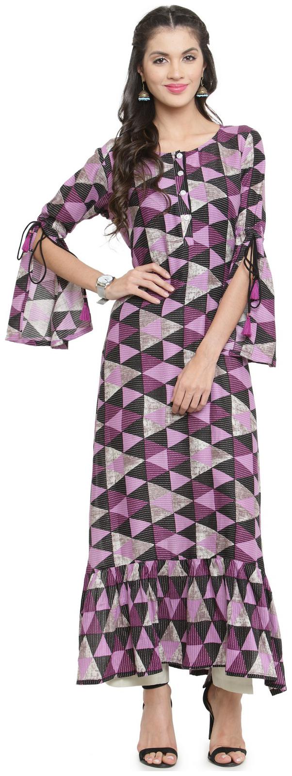 

Indibelle Purple Rayon Straight Bottom Frill Kurta With Ankle Length Trouser