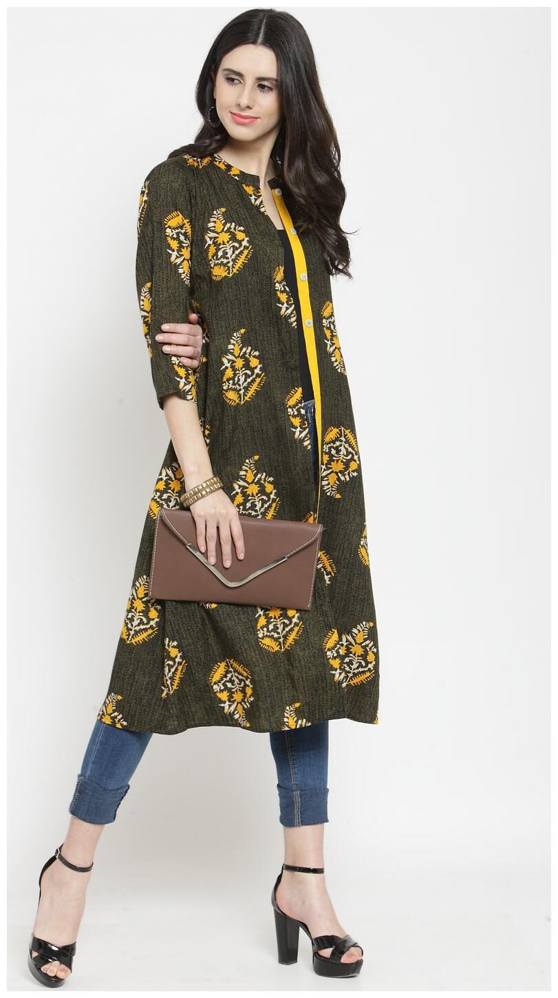 

Indibelle Rayon Olive Leafs Print Shrug