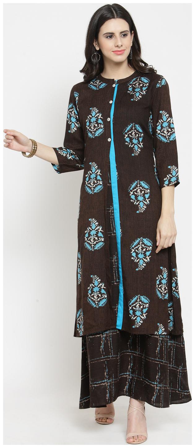 

Indibelle Rayon Brown Leaf Print Double Layer Kurta