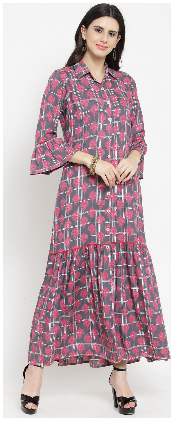 

Indibelle Rayon Grey Floral Print Long Bottom Frill Kurta