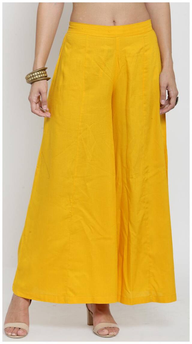 Indibelle Rayon Yellow Kalidar Flared Plazzos with a Partially Elasticated Waist Band
