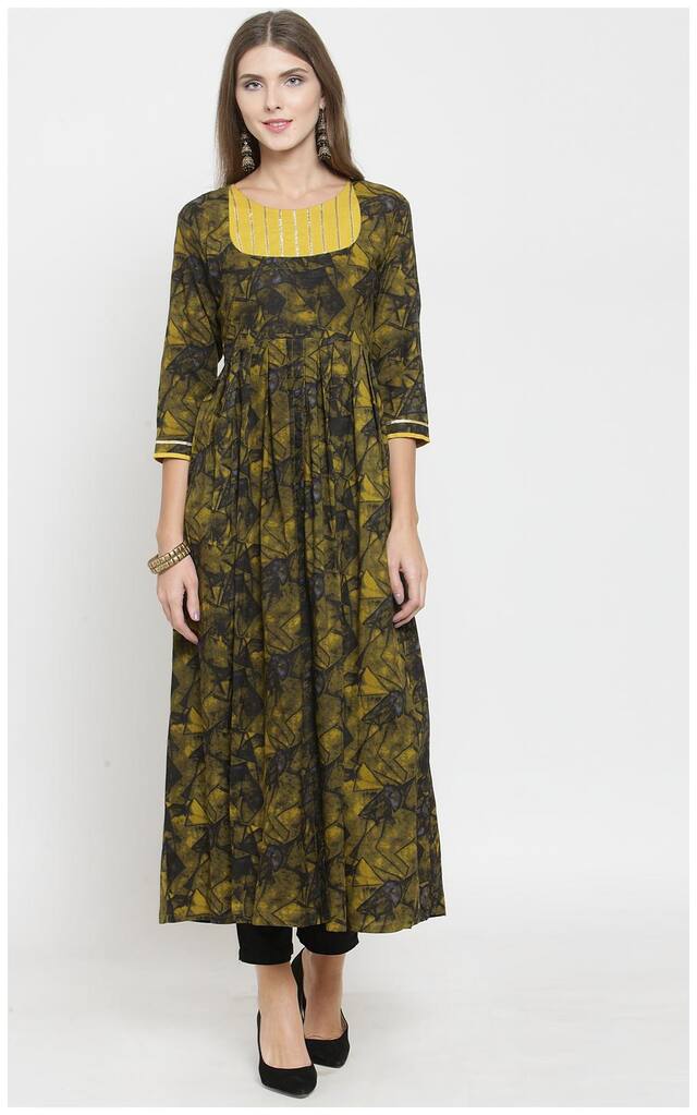 Indibelle Women Turquoise Printed A Line Kurta