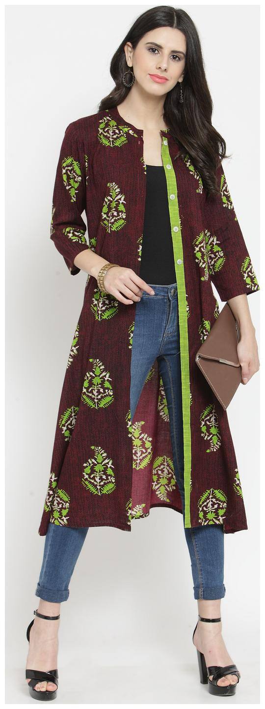 Indibelle Rayon Wine Leafs Print Shrug