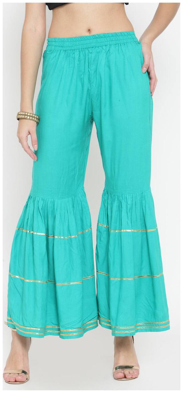 Indibelle Rayon Turqoiuse Gota Patti Work Flared Plazzos with a Partially Elasticated Waist Band