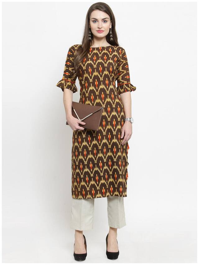 Indibelle Women Brown Printed Straight Kurta