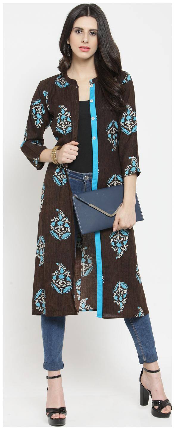 Indibelle Rayon Brown Leafs Print Shrug