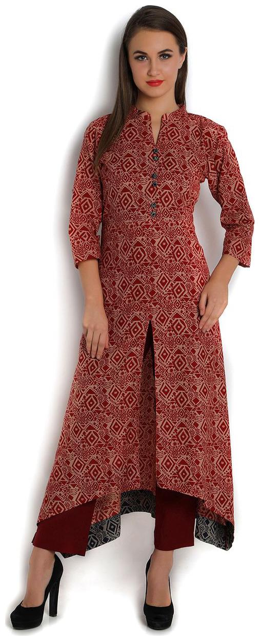 

Indibelle Red Cotton High Low Kurta