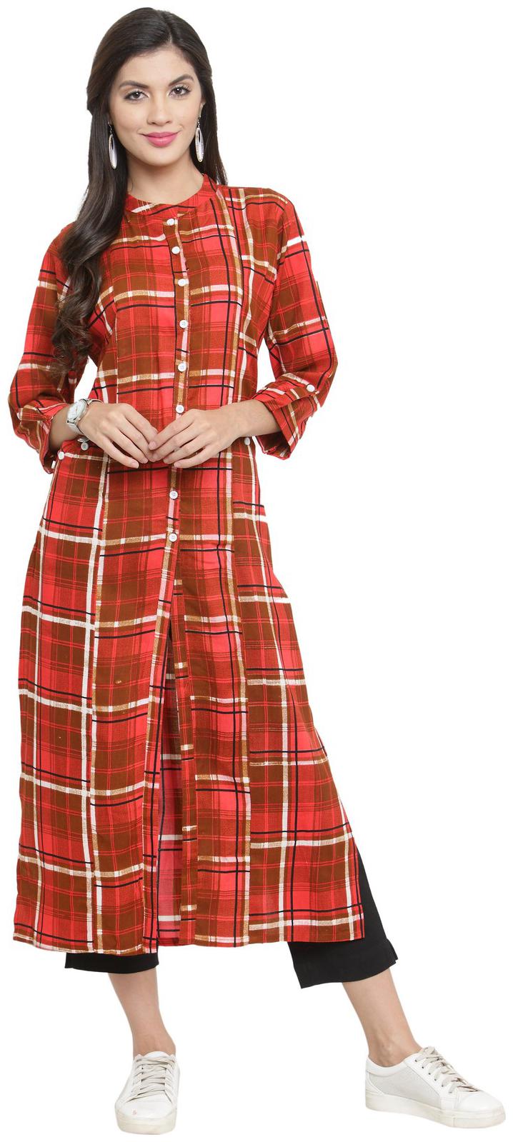 

Indibelle Red Rayon Straight Shirt Style Kurta With Ankle Length Trouser