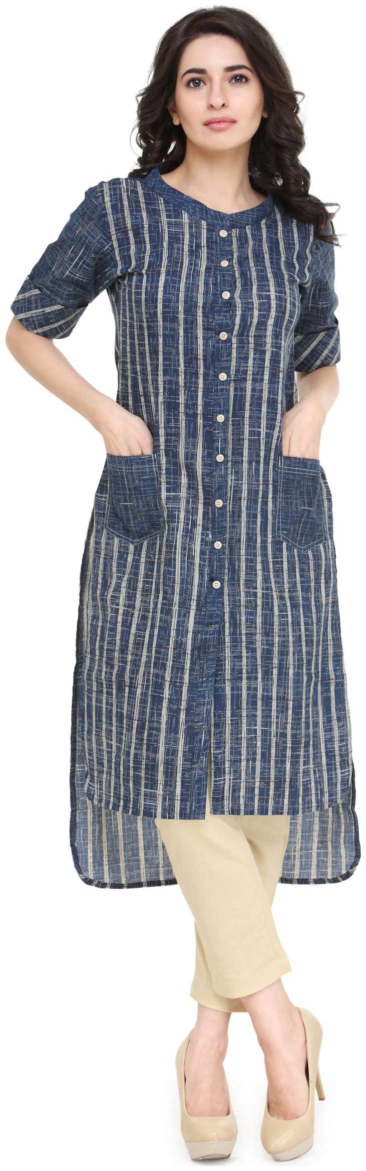 

Indibelle Women Blue Striped Assymetrical Kurta