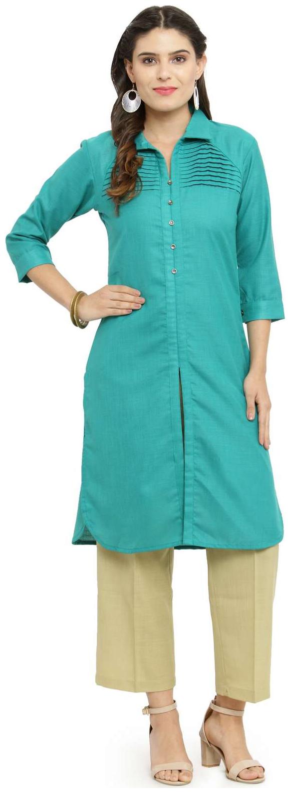 

Indibelle Women Turquoise Solid Regular Kurta