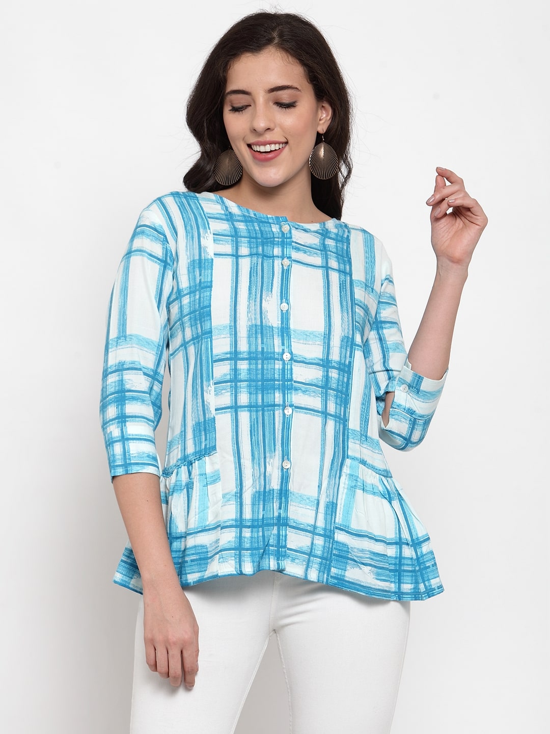

Indibelle Women Checked Regular top - Blue White