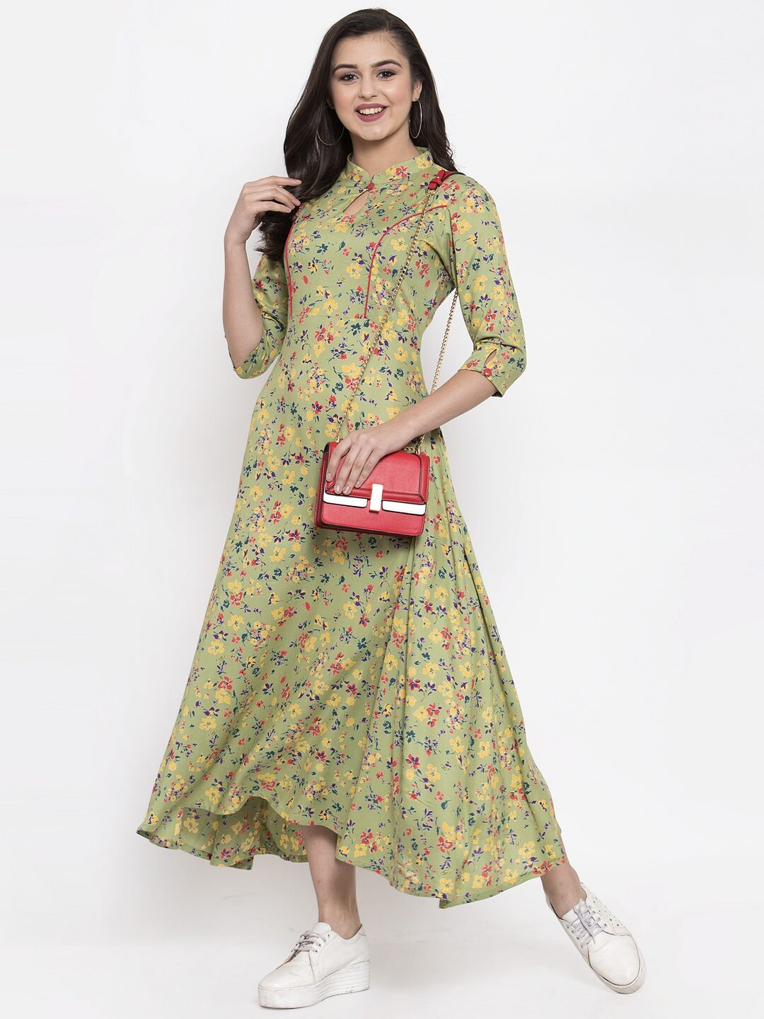 

Indibelle Viscose Rayon Green Floral Kurta Dress For Women