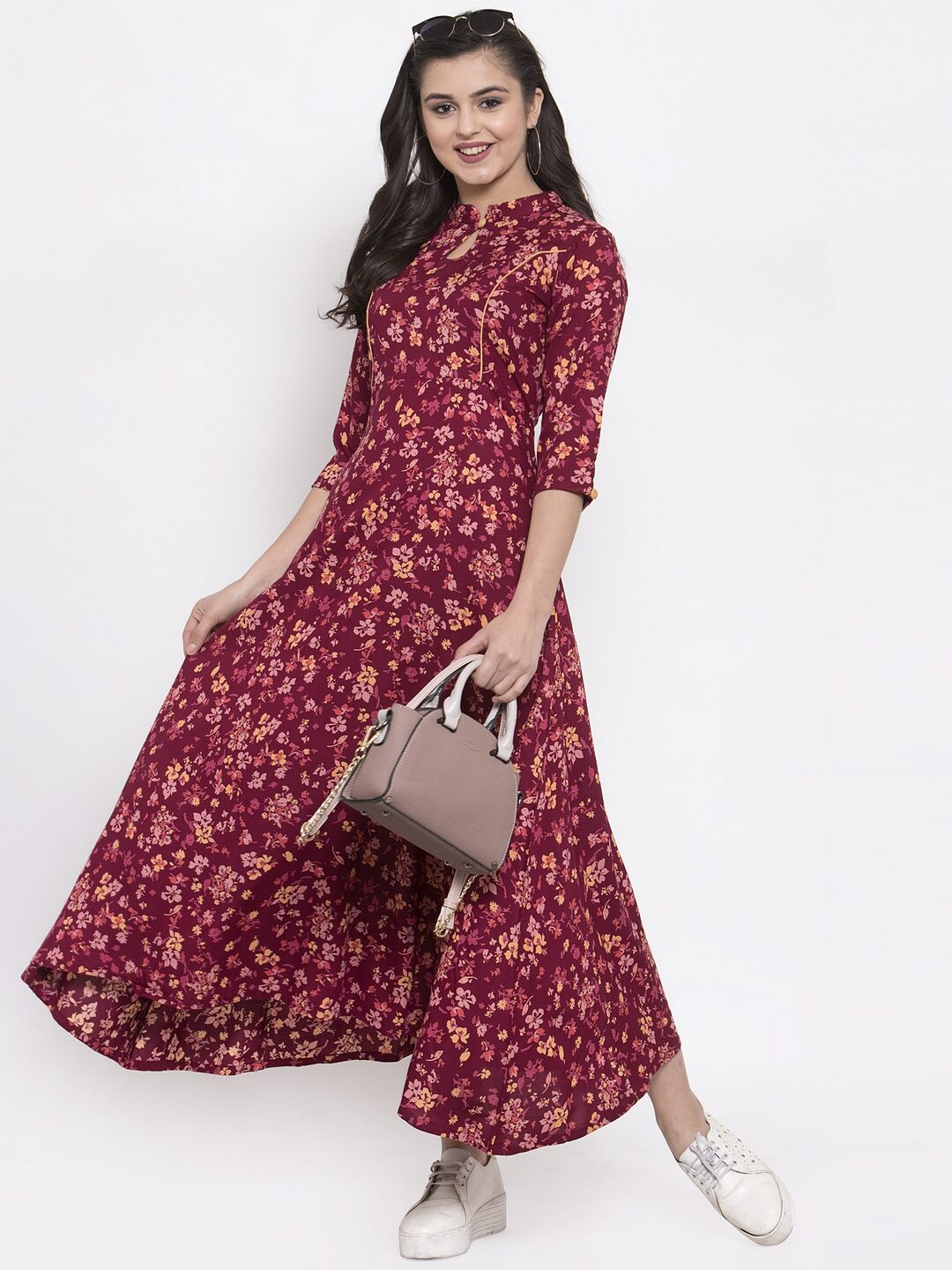

Indibelle Viscose Rayon Maroon Floral Kurta Dress For Women