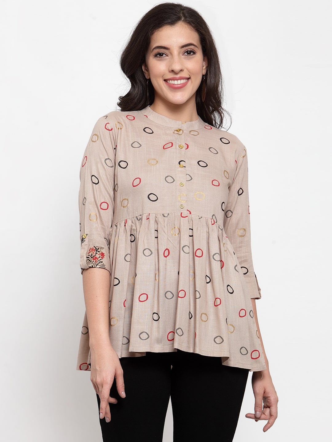 

Indibelle Women Printed Regular top - Beige