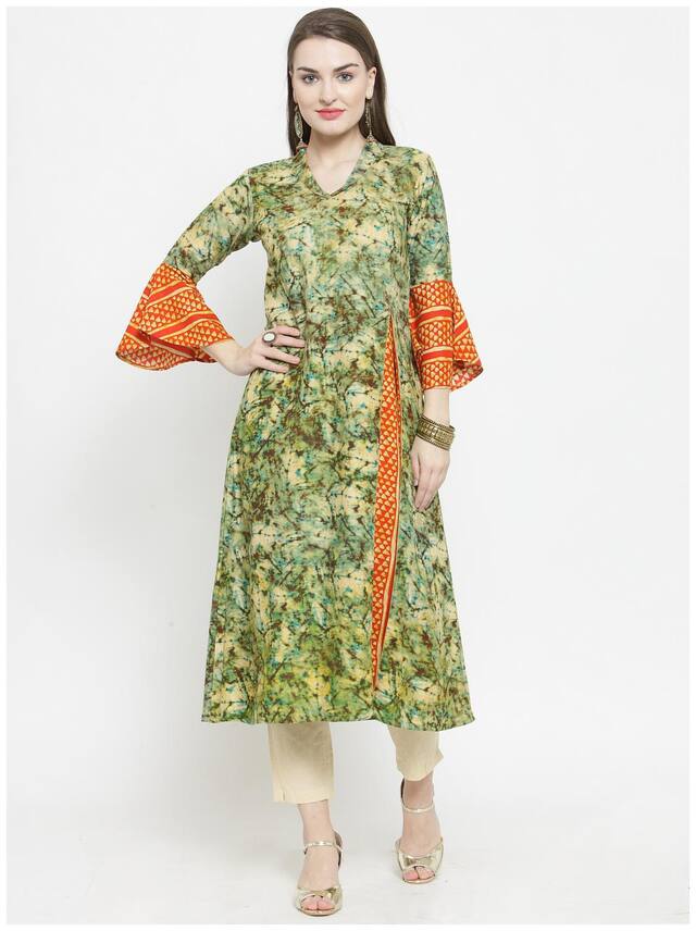 Indibelle Women Rayon Printed Green & Cream Kurta With Pants