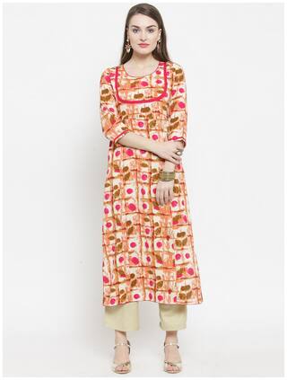 Indibelle Women Rayon Printed Pink & Cream Kurta With Pants