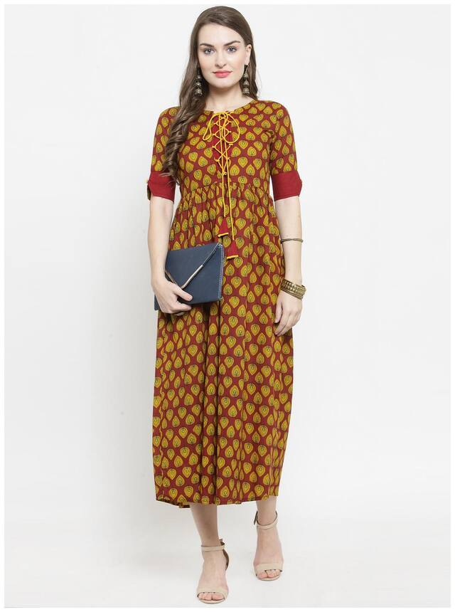 Indibelle Maroon Printed A-line dress