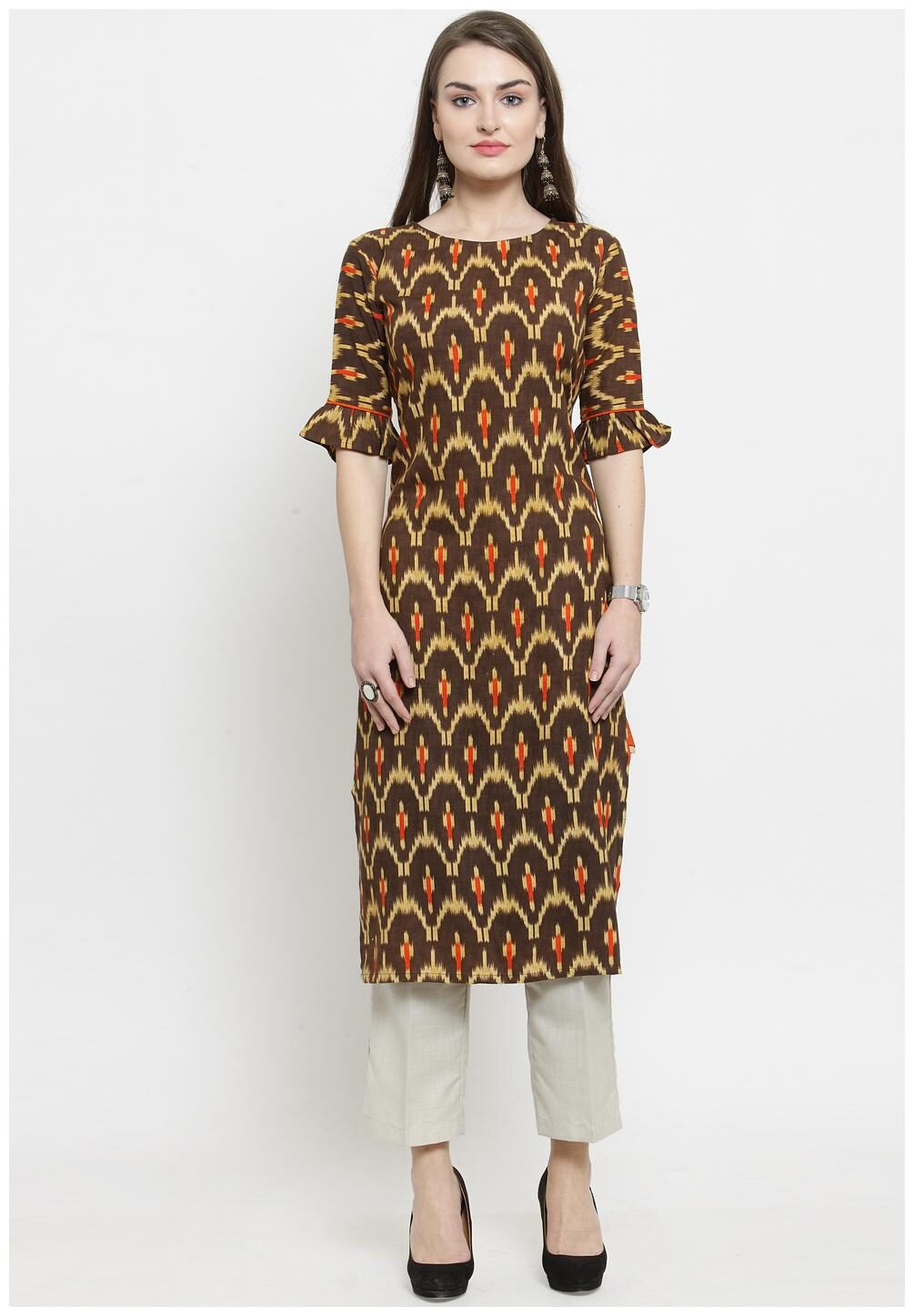 

Indibelle Women Rayon Printed Brown White Kurta With Pants