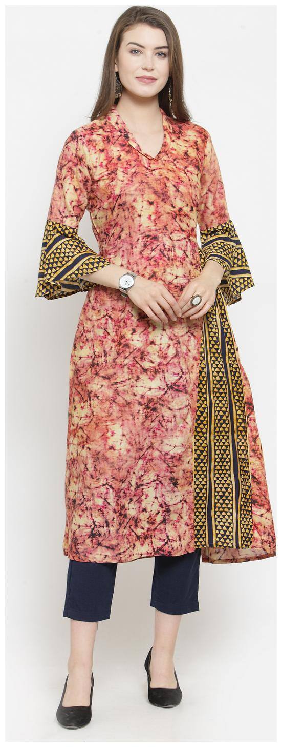 Indibelle Women Rayon Printed Maroon & Blue Kurta With Pants