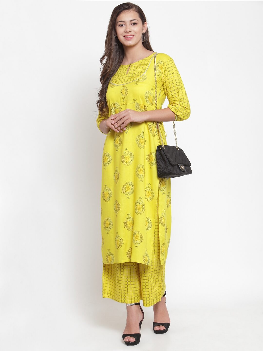 

Indibelle Women Yellow Floral Straight Kurta