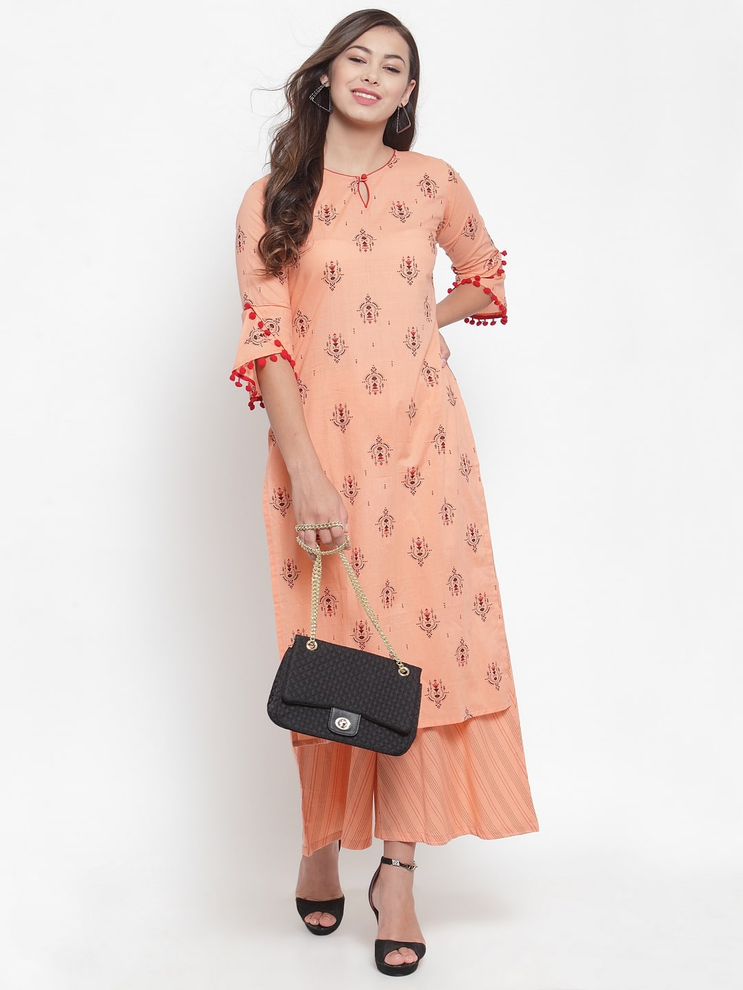 

Indibelle Women Peach Printed Straight Kurta