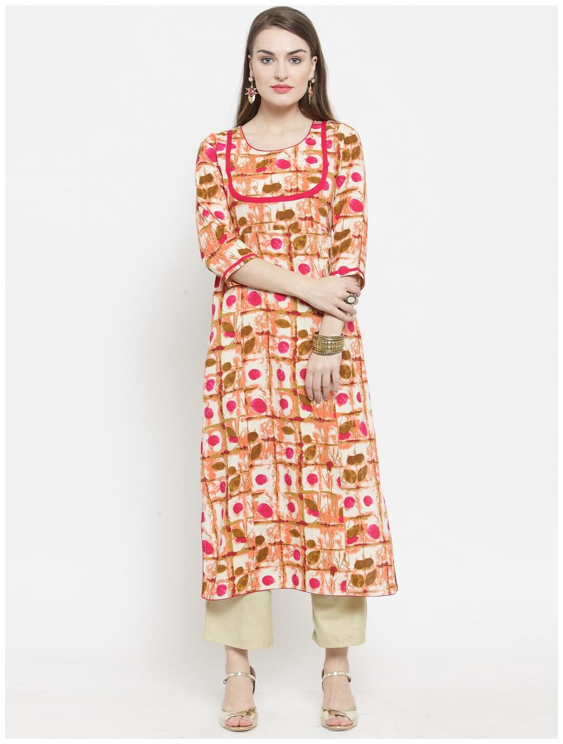 

Indibelle Women Rayon Printed Pink Cream Kurta With Pants