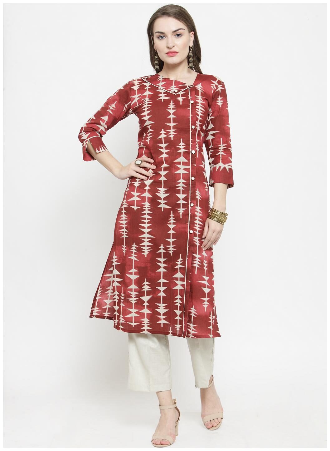 

Indibelle Women Cotton Printed Maroon White Kurta With Pants
