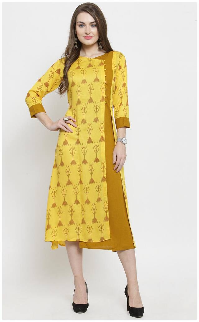 Indibelle Yellow Printed A-line dress