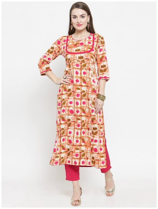 Indibelle Women Rayon Printed Pink Kurta With Pants