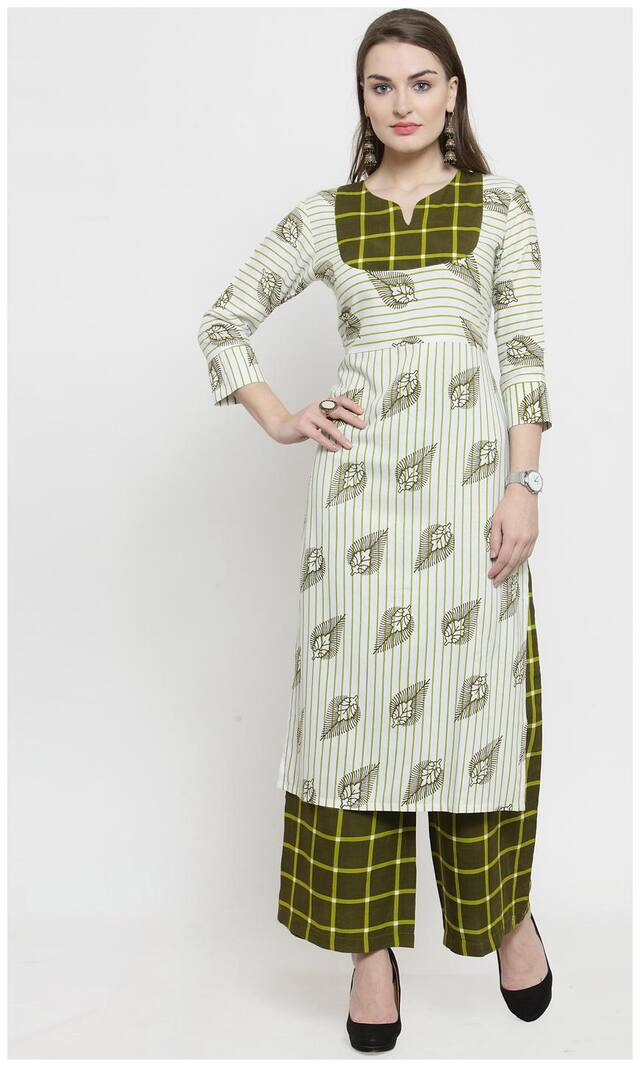 Indibelle Women Rayon Printed Green & White Kurta With Palazzo