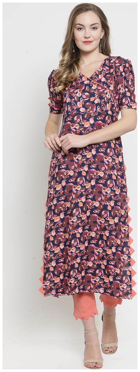 

Indibelle Women Blue Orange Printed Straight Kurta With Pants