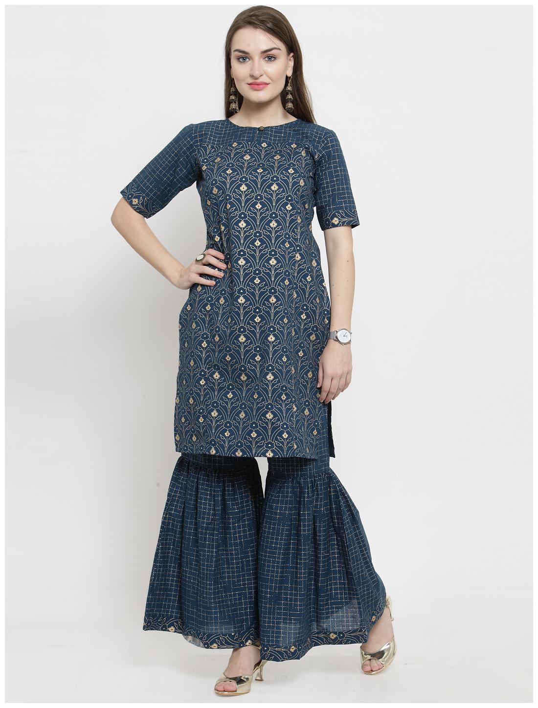 

Indibelle Women Cotton Printed Blue Kurta With Palazzo