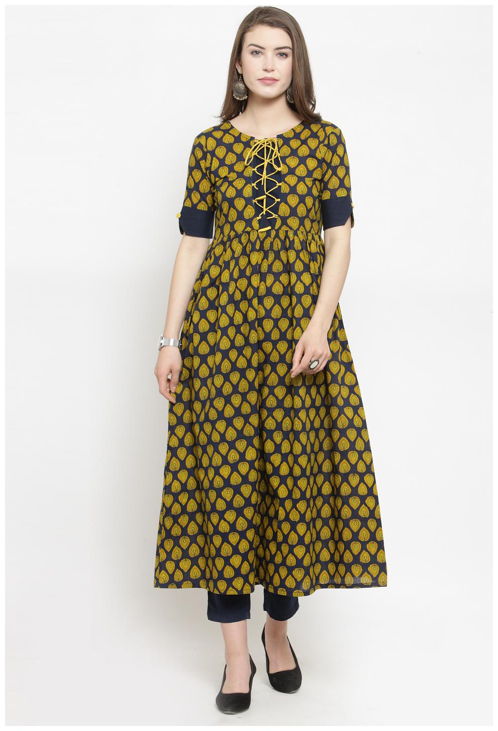 

Indibelle Women Cotton Printed Blue Green Kurta With Pants