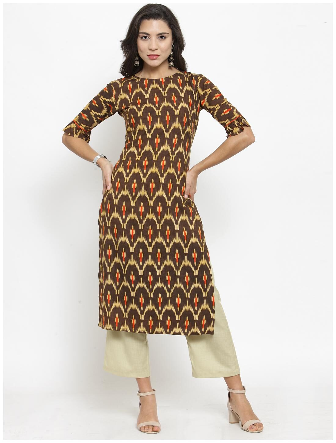 

Indibelle Women Rayon Printed Brown Cream Kurta With Pants