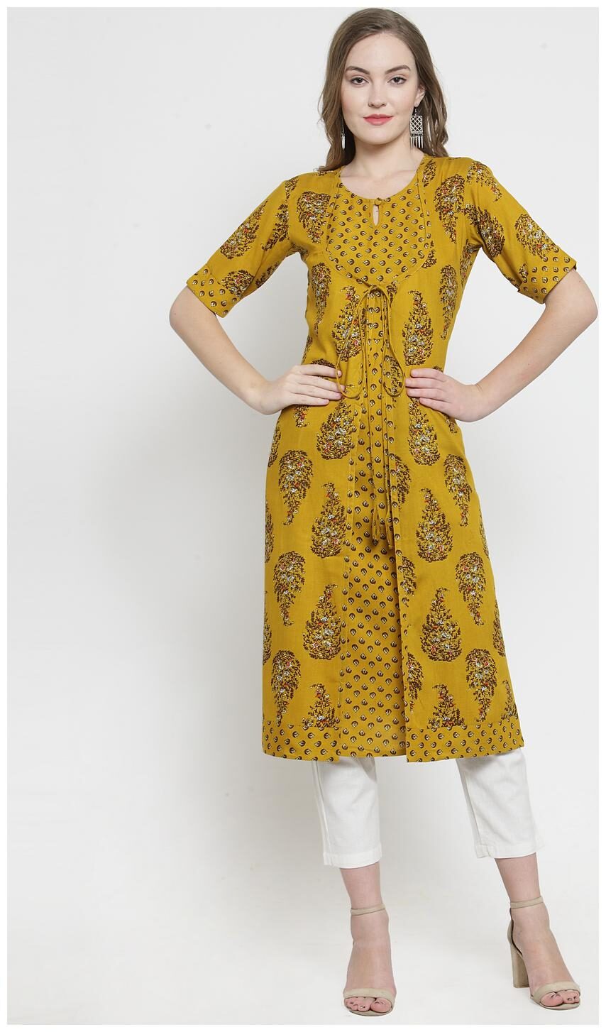 

Indibelle Women Mustard White Printed Straight Kurta With Pants