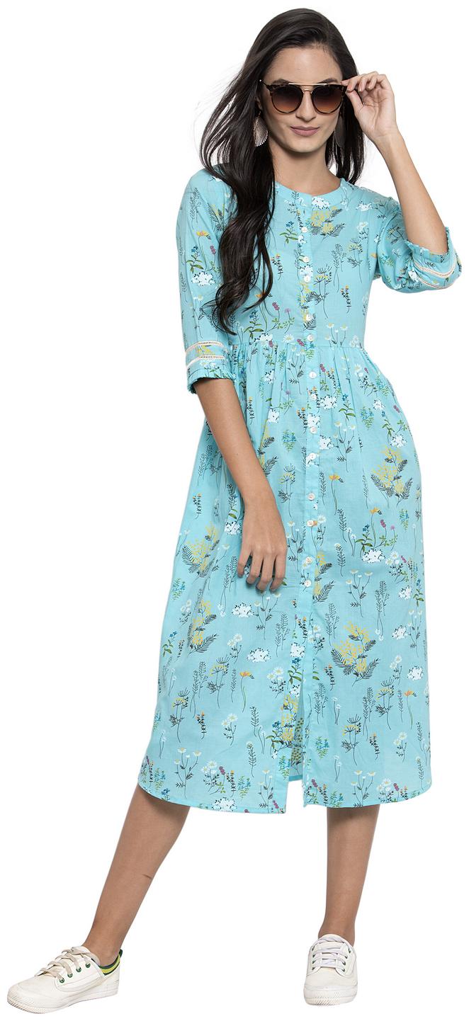 

Indibelle Women Cotton Regular A Line Dress (Turquoise)