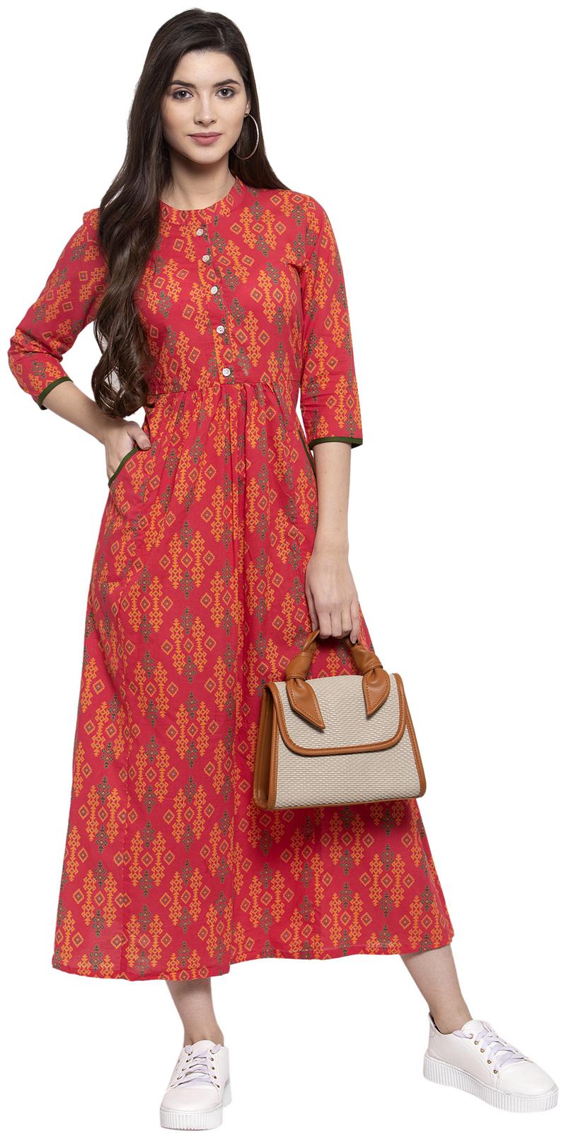 

Indibelle Women Cotton Regular A Line Dress (Red)