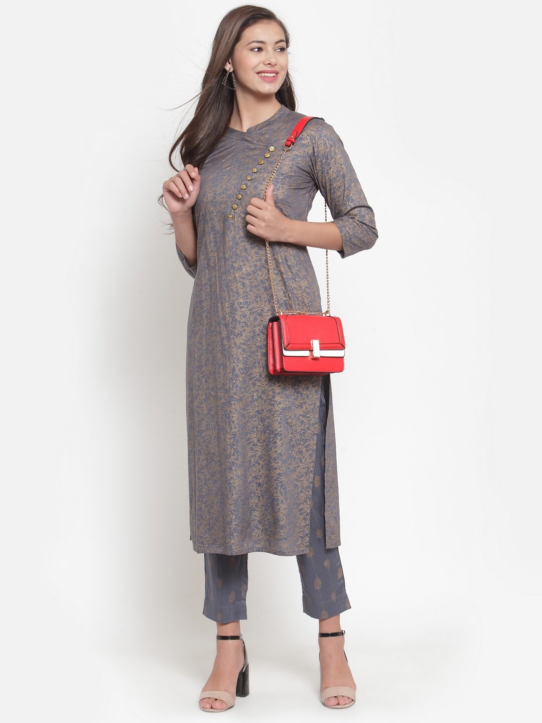 

Indibelle Women Grey Floral Straight Kurta