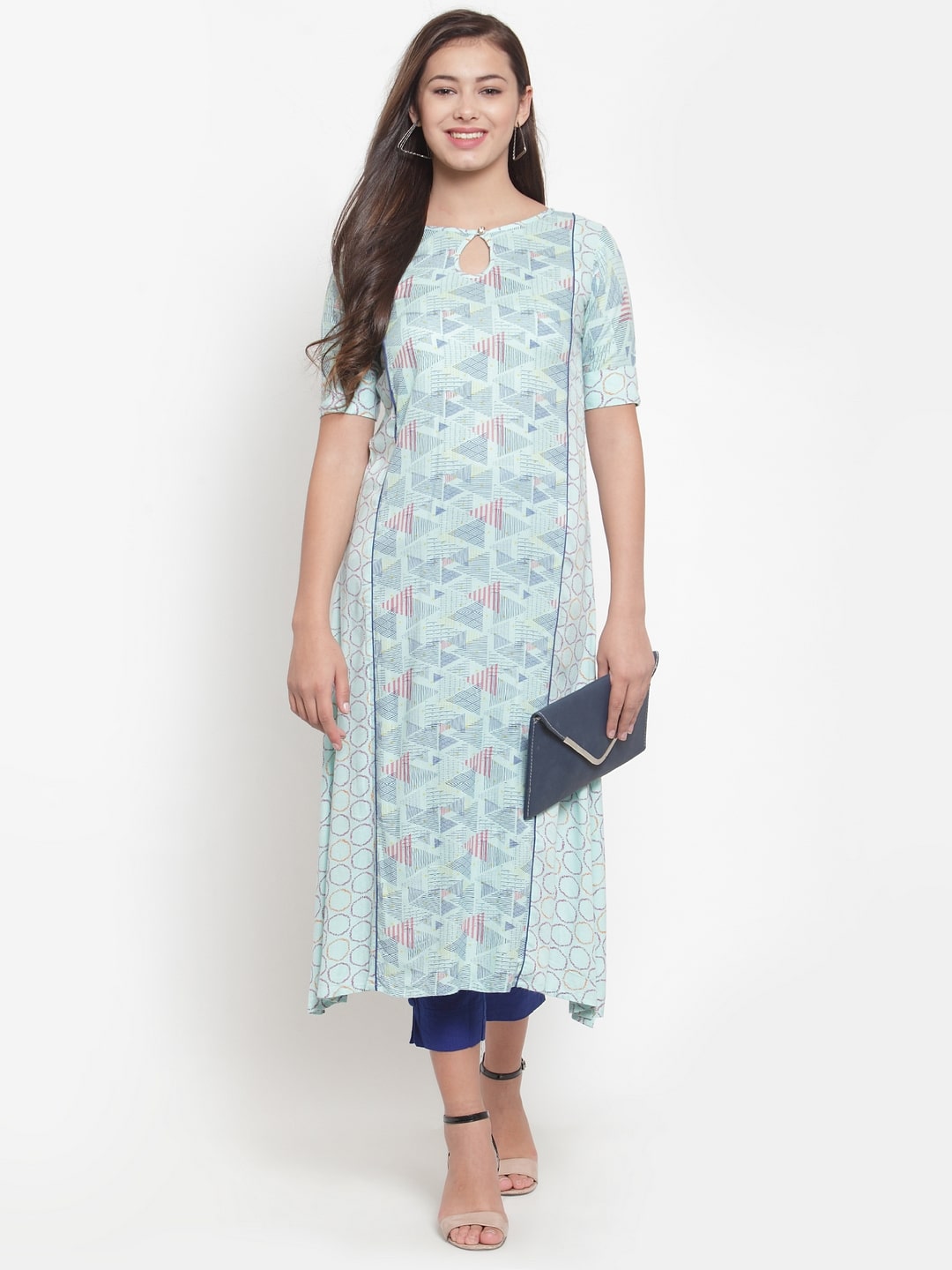 

Indibelle Women Viscose Rayon Geometric Blue Kurta