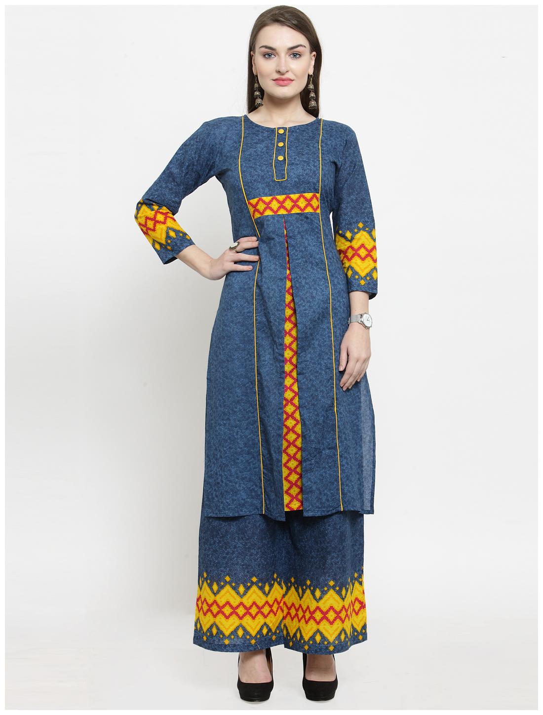 

Indibelle Women Cotton Printed Blue Kurta With Palazzo