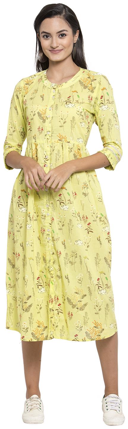 

Indibelle Women Cotton Regular A Line Dress (Yellow)