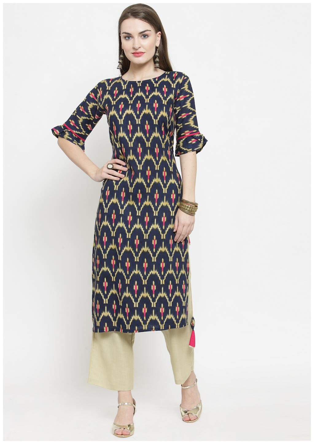 

Indibelle Women Rayon Printed Blue Cream Kurta With Pants