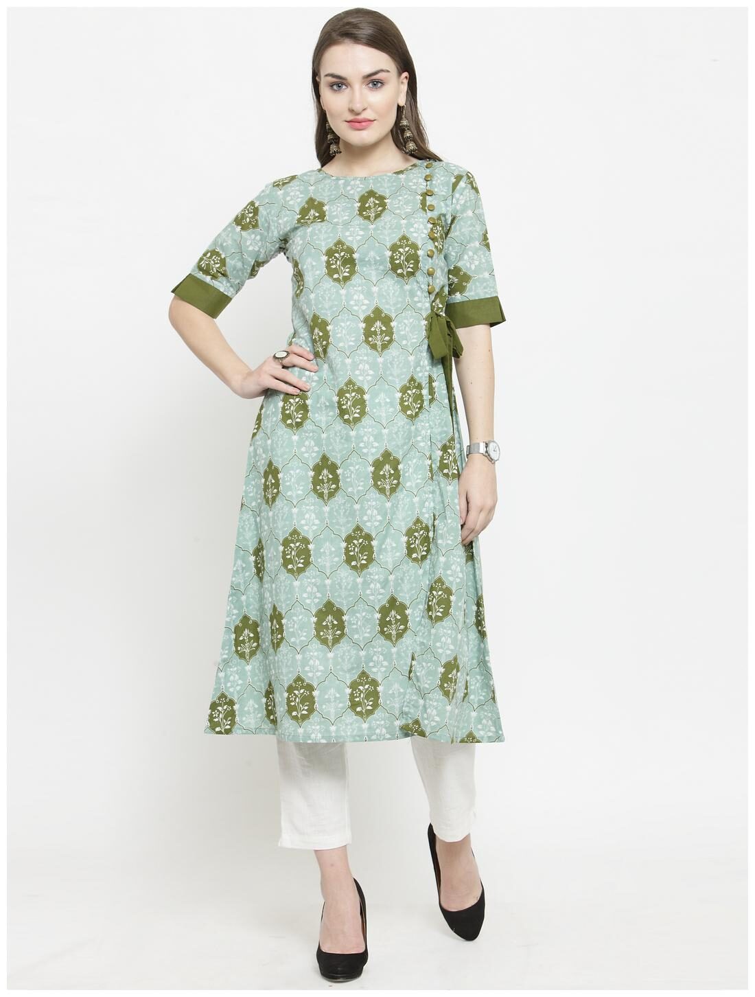 

Indibelle Women Cotton Printed Green White Kurta With Pants