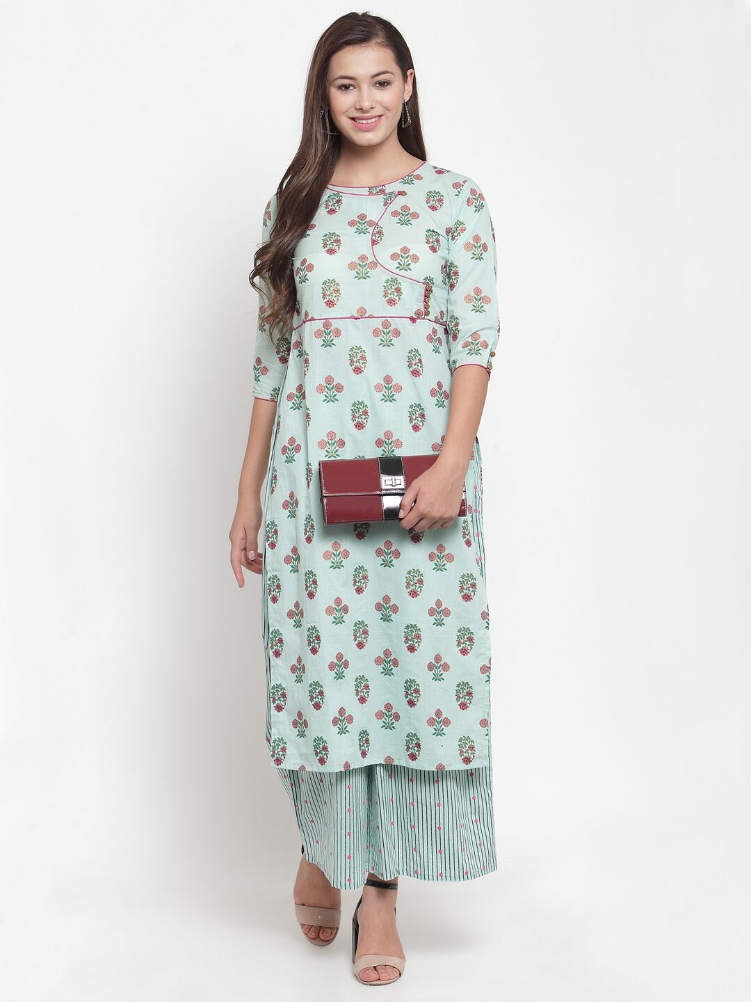 

Indibelle Women Green Floral Straight Kurta