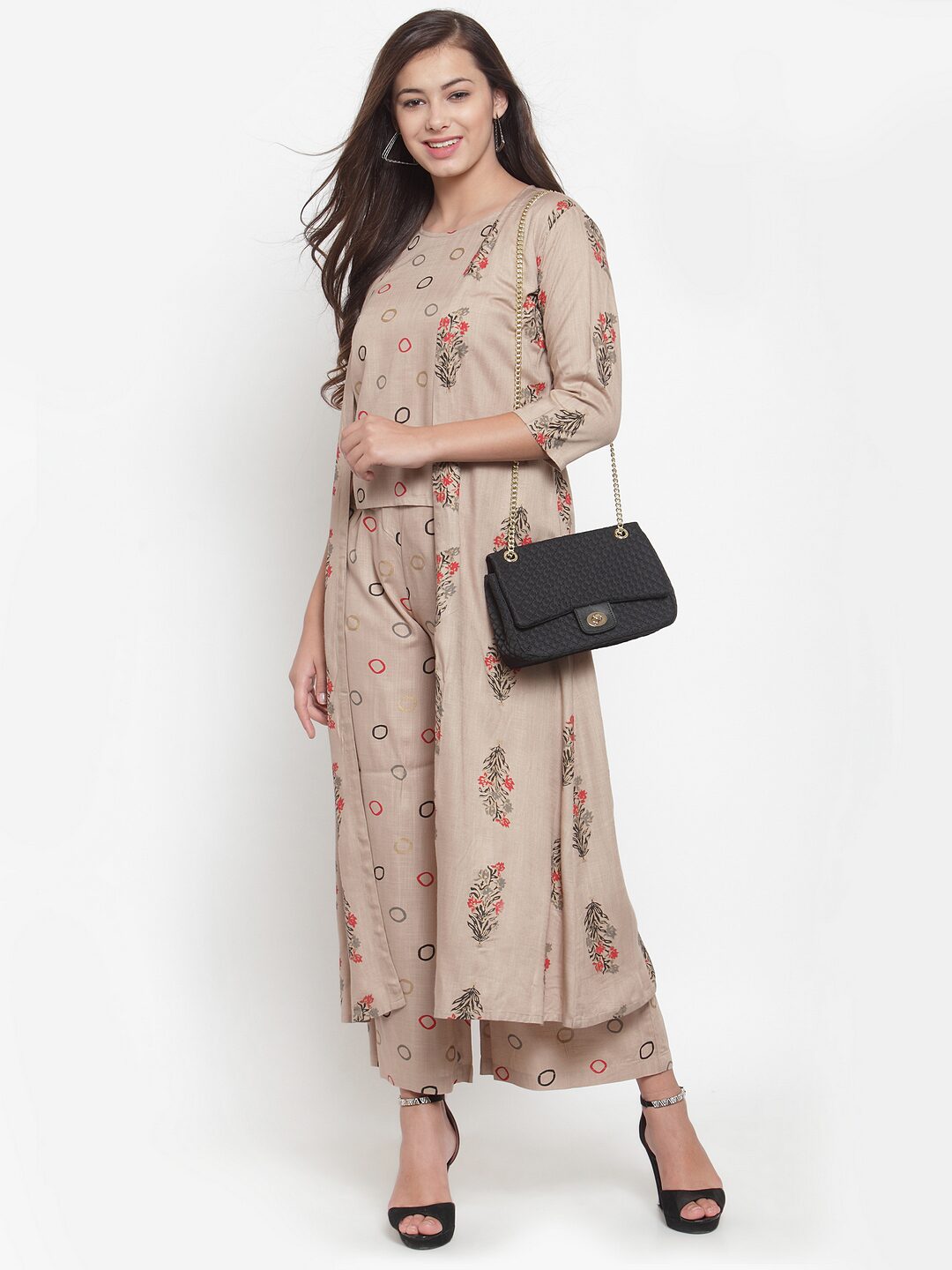 

Indibelle Women Viscose Rayon Floral Beige Kurta