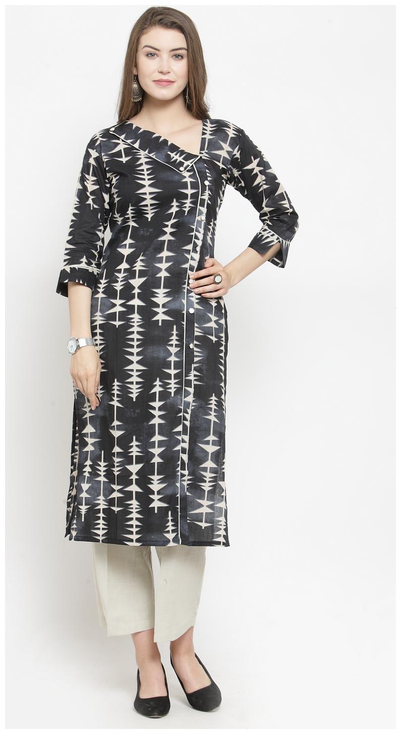 

Indibelle Women Cotton Printed Black White Kurta With Pants