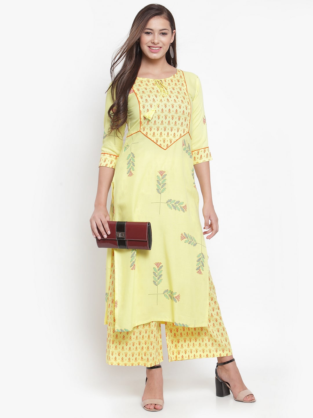 

Indibelle Women Yellow Floral Straight Kurta